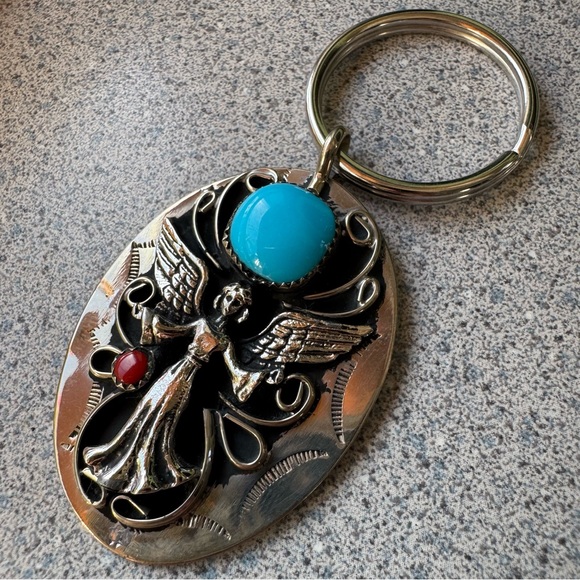Vintage unsigned 90s silver tone faux turquoise coral angel keychain ring NWOT - Picture 3 of 8